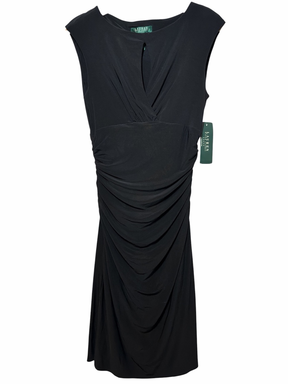 Ralph Lauren Black Draped Ruched Sheath Midi Dress Wedding Guest Date Night